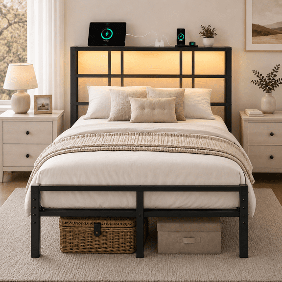 Zimtown Twin Bed Frame with Storage Headboard, LED Lights, and Charging Station, Single Metal Platform Bed, Black