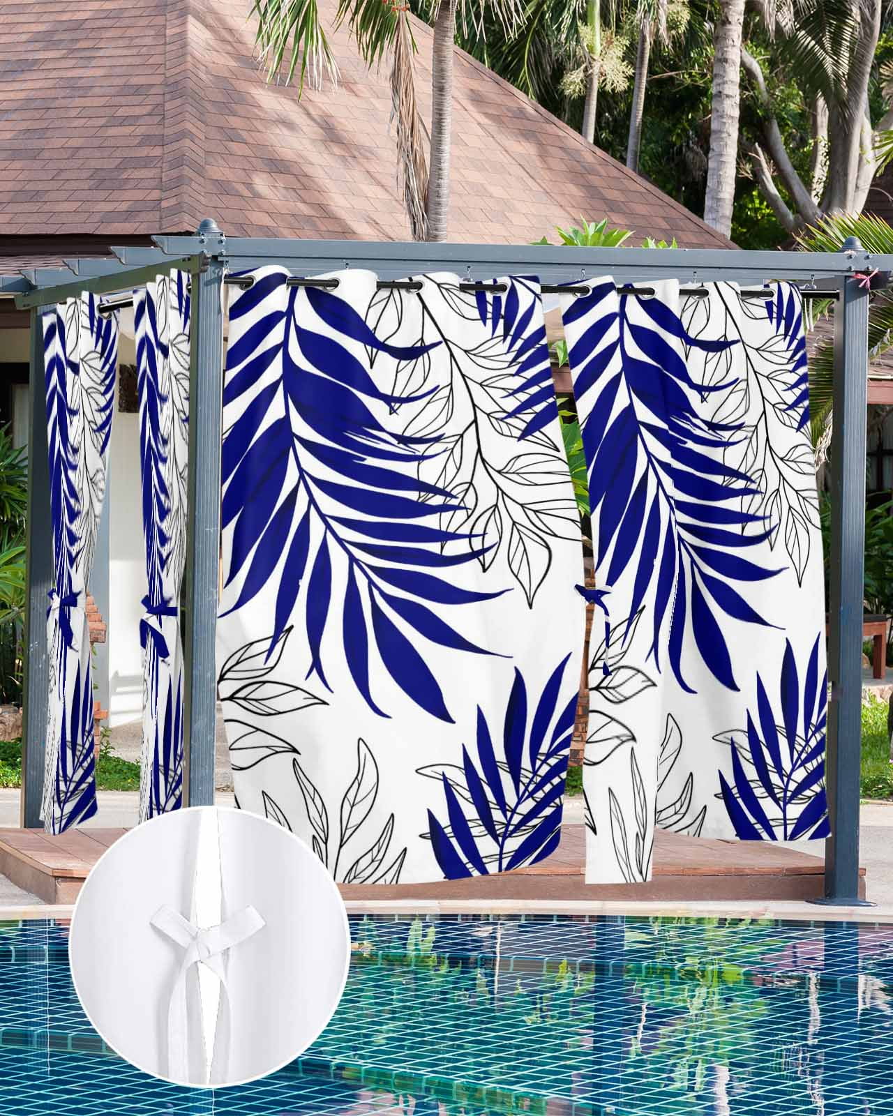 Blue Leaves Outdoor Curtains for Patio, Abstract Modern Geometric Lines Simple Art Privacy Drapes Grommet Waterproof Outside Curtains for Porch/Cabana/Balcony 54"x 84", 2 Panel