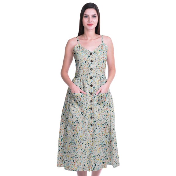 Moomaya Printed Cotton Casual Spaghetti Strap Dress Flared Maxi Summer Dresses For Women