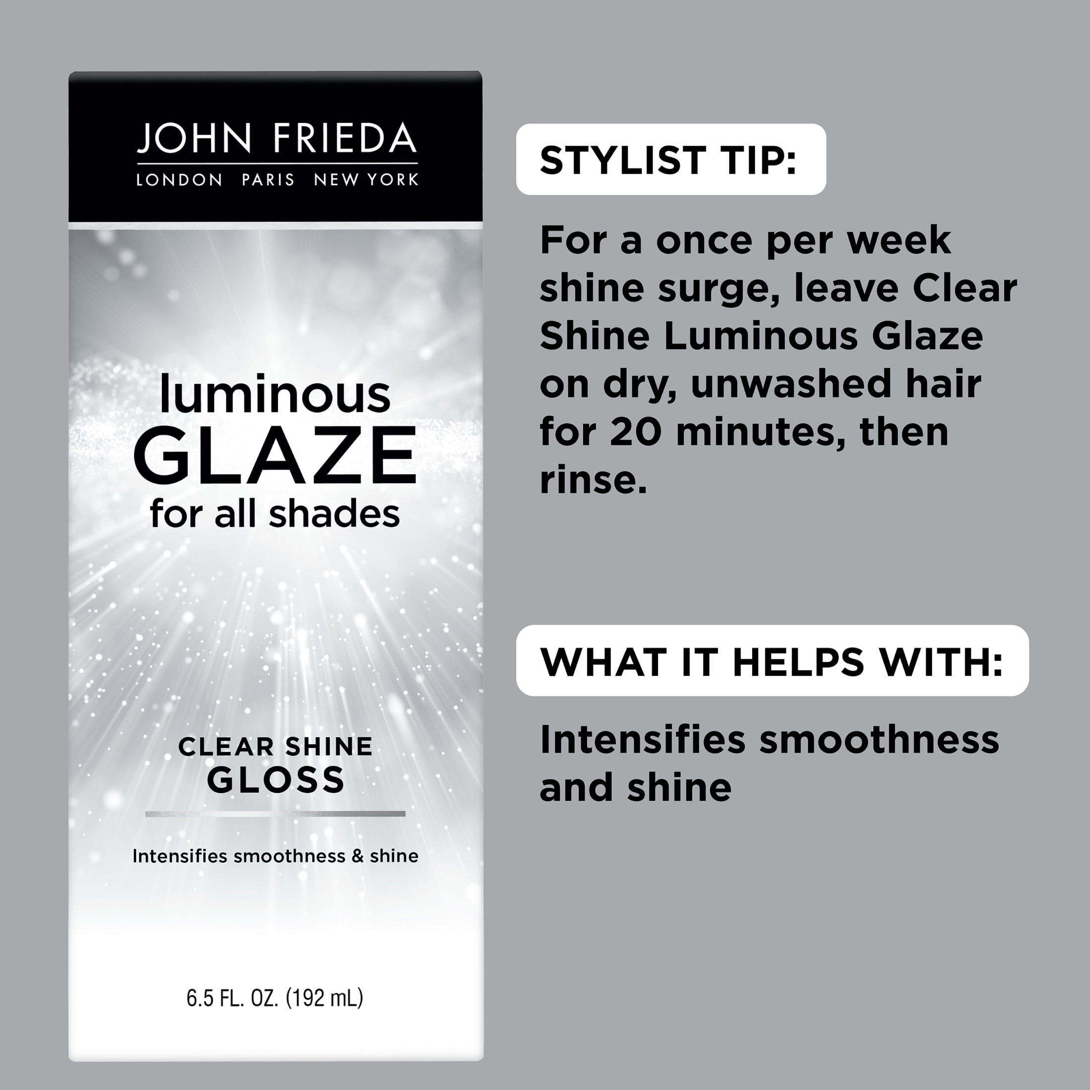 (4 pack) John Frieda Clear Hair Shine Gloss Treatment, Luminous Glaze, Rich Color, without Frizz, for Men and Women, 6.5 fl oz