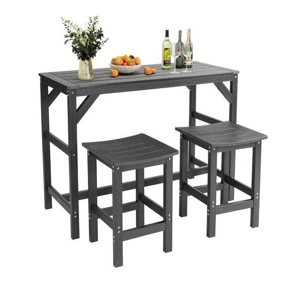 Bstjewey 3Pcs Outdoor Bar Set, 55" Rectangular HIPS High Table & 2 Bar Stools, for Patio, Poolside, Balcony, or Deck,Black