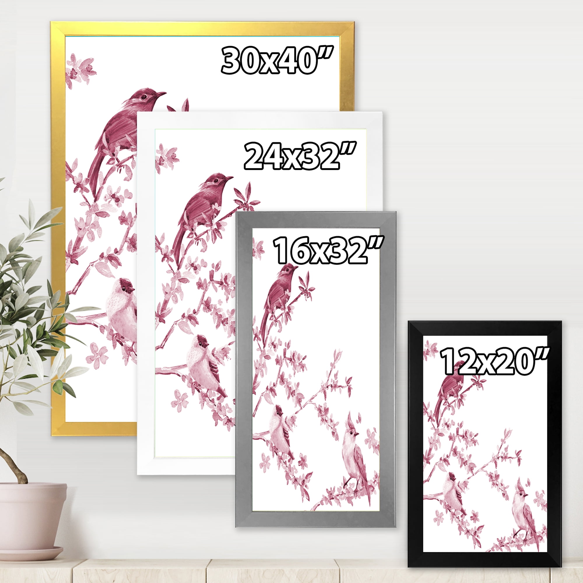 Beautiful Pink Birds Sitting On Flowering Branches 30 in x 40 in Framed Painting Canvas Art Print, by Designart