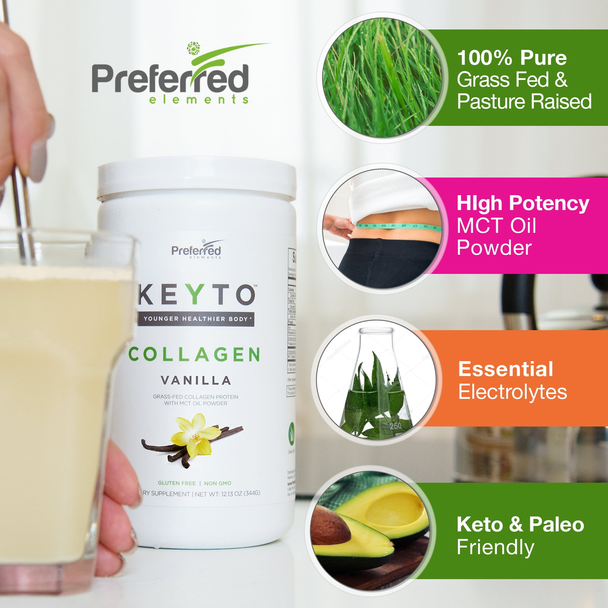 KEYTO Keto Collagen Protein Powder with MCT Oil Powder – Perfect for Low-Carb Diet Vanilla 11.9 oz