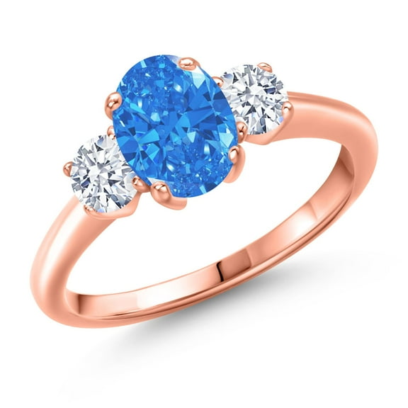Gem Stone King 1.71 Ct Oval Fancy Blue Zirconia 18K Rose Gold Plated Silver Ring