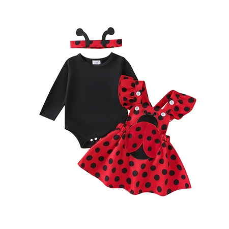 

Tsseiatte Baby Girls Autumn Skirt Sets Flying Sleeve Romper Bee/Beetle Embroidery Suspender Dress Headband Sets