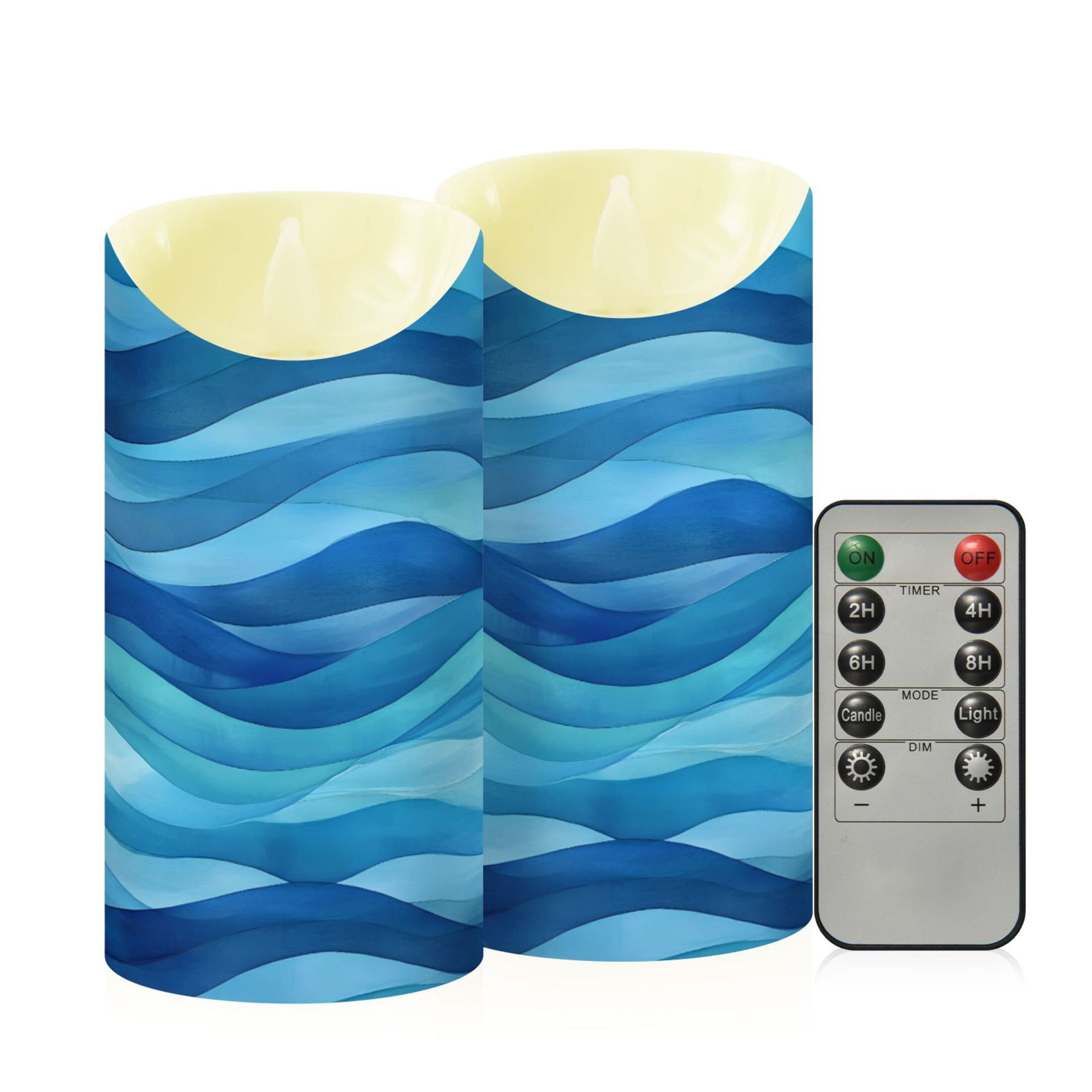 Blue Wavy Art Pattern Flameless Candles 2 PCS with Remote Realistic Moving Flame LED Tapered Pillar Set for Home Decor