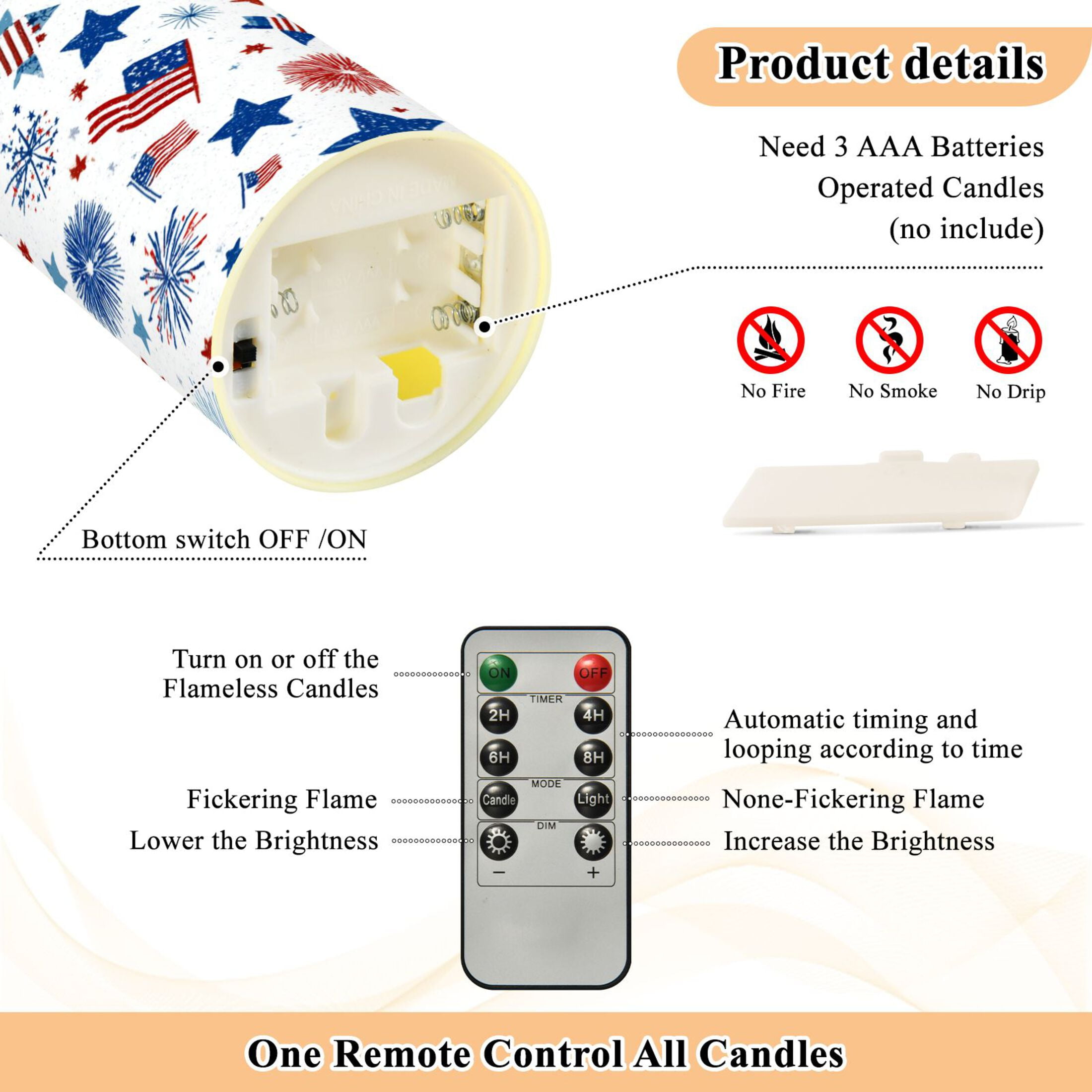 2 PCS Tilted Flameless Candles Flickering LED Lights Battery Operated Candles with Remote Timers for Holiday Decor Fireworks and Flag