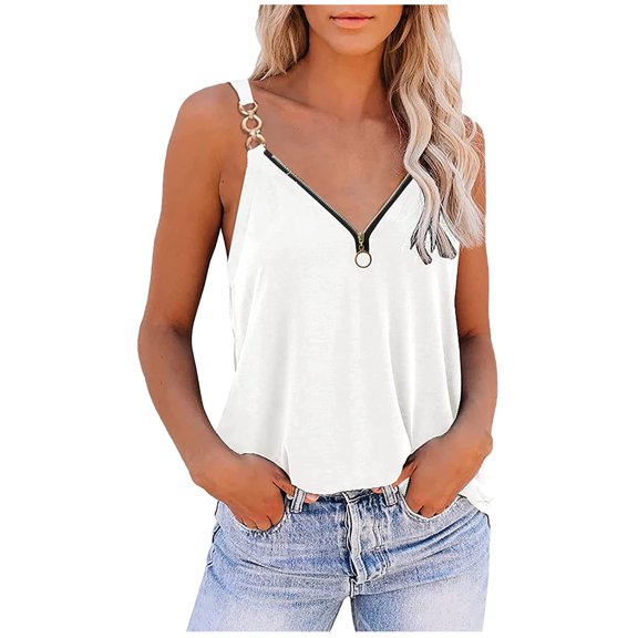 Summer Saving Wycnly Womens Tank Tops Casual Loose Fit Going out Zipper Metal Strap Vest Shirts Summer Trendy Solid V-Neck Sleeveless Shirts Blouse White s