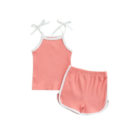 

Baby Girl Summer Clothes Sets Kids Solid Color Tie-Up Camisole Elastic Waist Shorts Outfit 3-36M