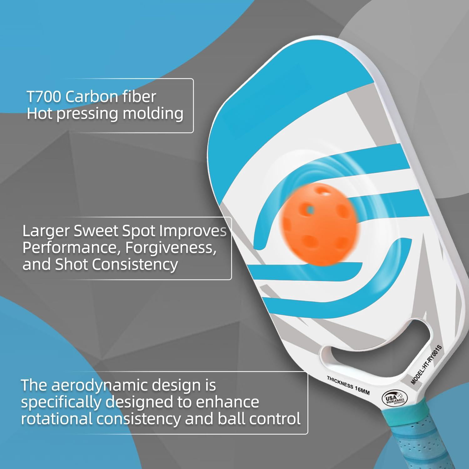 Pickleball Paddles | T700 Carbon Fiber Paddle With Aero Throat Hot-press Moulding 16mm Polymer Core Specifically Engineered For Swing Speed And Manoeuvrability