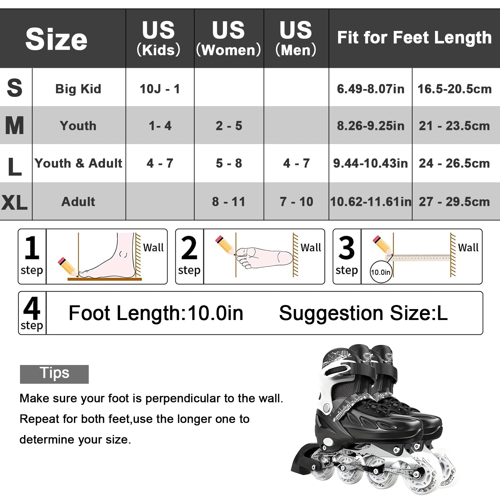 LPAMEOIU Adjustable-Size Inline Skates with Light-Up-Wheel,Teen Roller Skates for Women Men(Black,L)