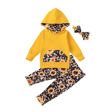 

Honeeladyy Winter Coats Newborn Infant Baby Boys Girls Print Hooded Sweartshirt+Pants+Hairband Outfits Yellow Clearance under 10$
