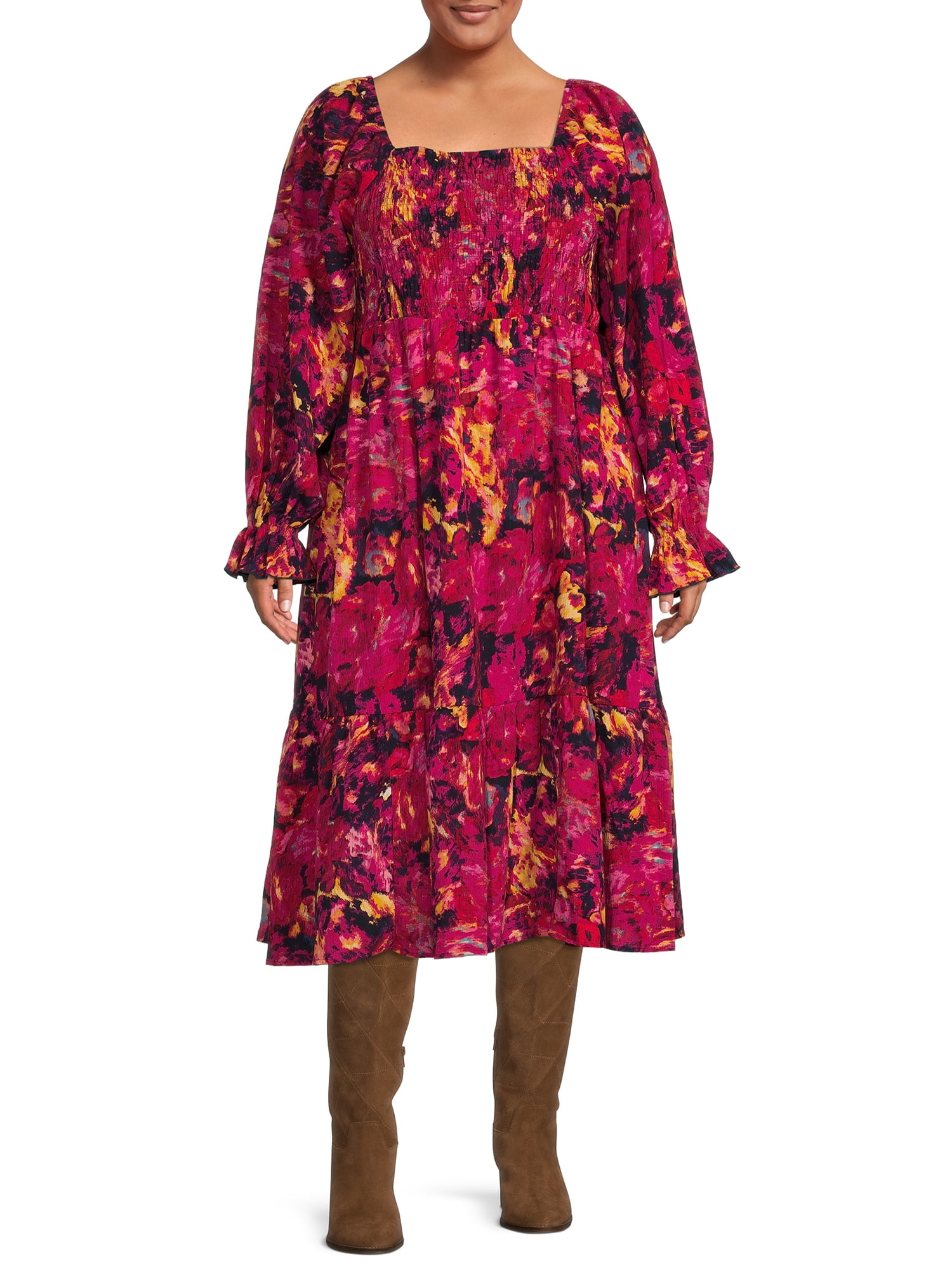Terra & Sky Women's Plus Size Square Neck Peasant Dress - Walmart.com