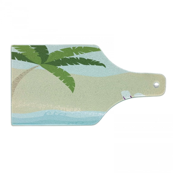 Graphic Beach Cutting Board, Summer Cartoon of Palm Tree and Flip Flops on Sandy Ocean Coast Print, Decorative Tempered Glass Cutting and Serving Board, in 3 Sizes, by Ambesonne