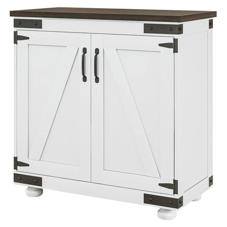 Kitchen Sideboard Buffet Cabinet with Barn Door, Distressed White & Brown, Adjustable Shelf, Farmhouse Accent Cabinet for Kitchen, Entryway, Living Room