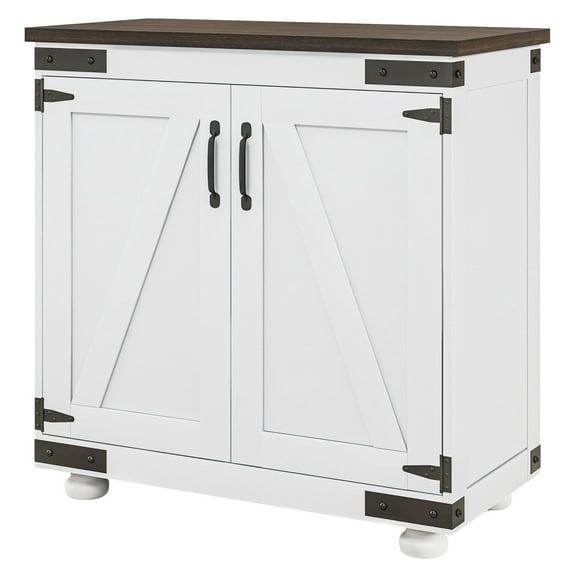 SAZYY Kitchen Sideboard Buffet Cabinet with Sliding Barn Door, Adjustable Shelf, Distressed White and Brown Finish for Dining Room Living Room Farmhouse Storage