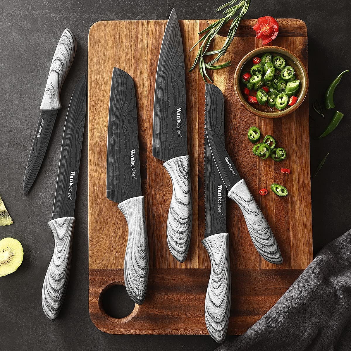 Wanbasion Black 16 Pieces Kitchen Knife Set Dishwasher Safe, Professional Chef Kitchen Knife Set, Kitchen Knife Set Stainless Steel with Knife