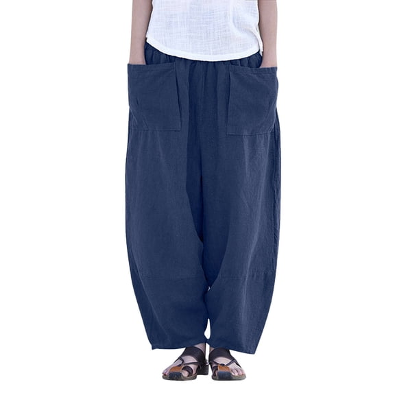 Tiweut Sweatpants Women Solid Color Summer Retro Wide Leg Elastic Waist with Pocket Loose Linen Casual Trousers