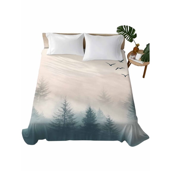 Twin XL Flat Sheet 66"x102", Foggy Forest Soft Lightweight Bedding Flat Sheets Only, Watercolor Pine Trees Natural Landscape Brushed Microfiber Top Bed Sheet, Breathable StainResistant Bedsheets