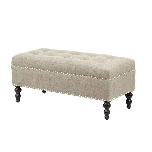 Fabric Upholstered Tufted Ottoman with Turned Wooden Legs, Beige ...