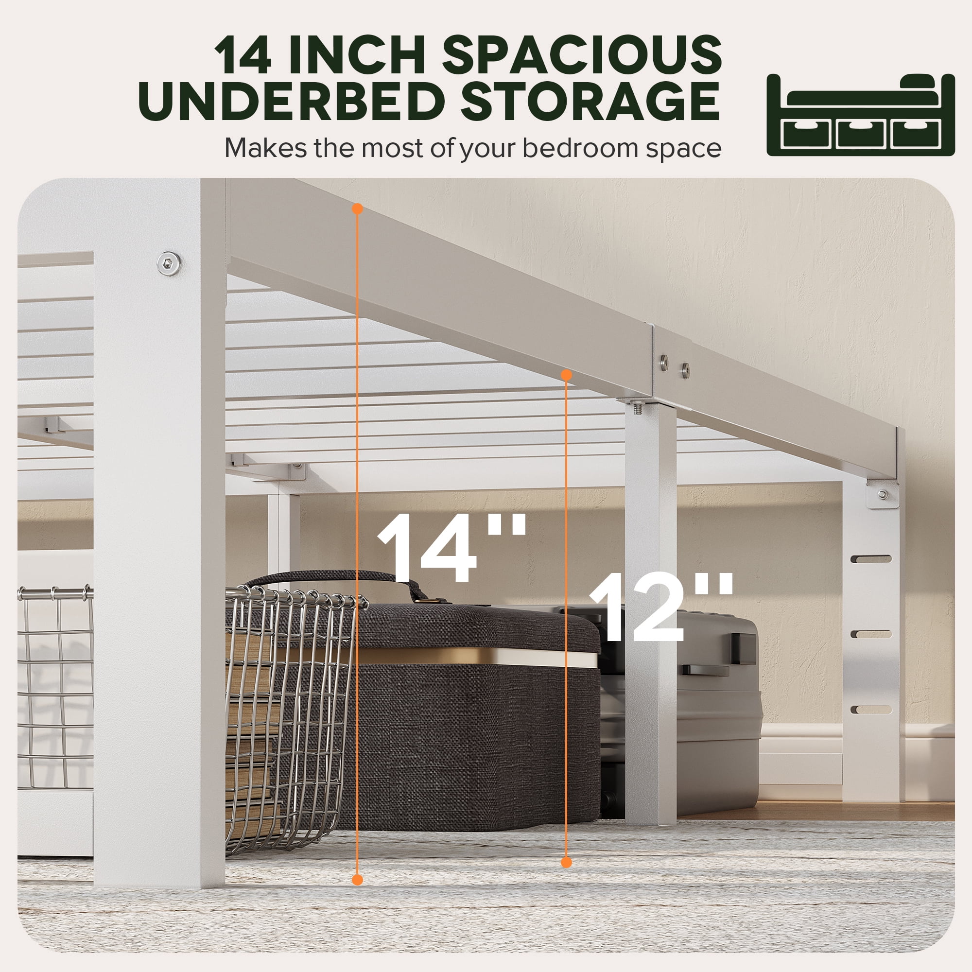 Einfach 14" King Bed Frame, Heavy Duty Metal Slat Platform with Ample Underbed Storage, Noise Free, White