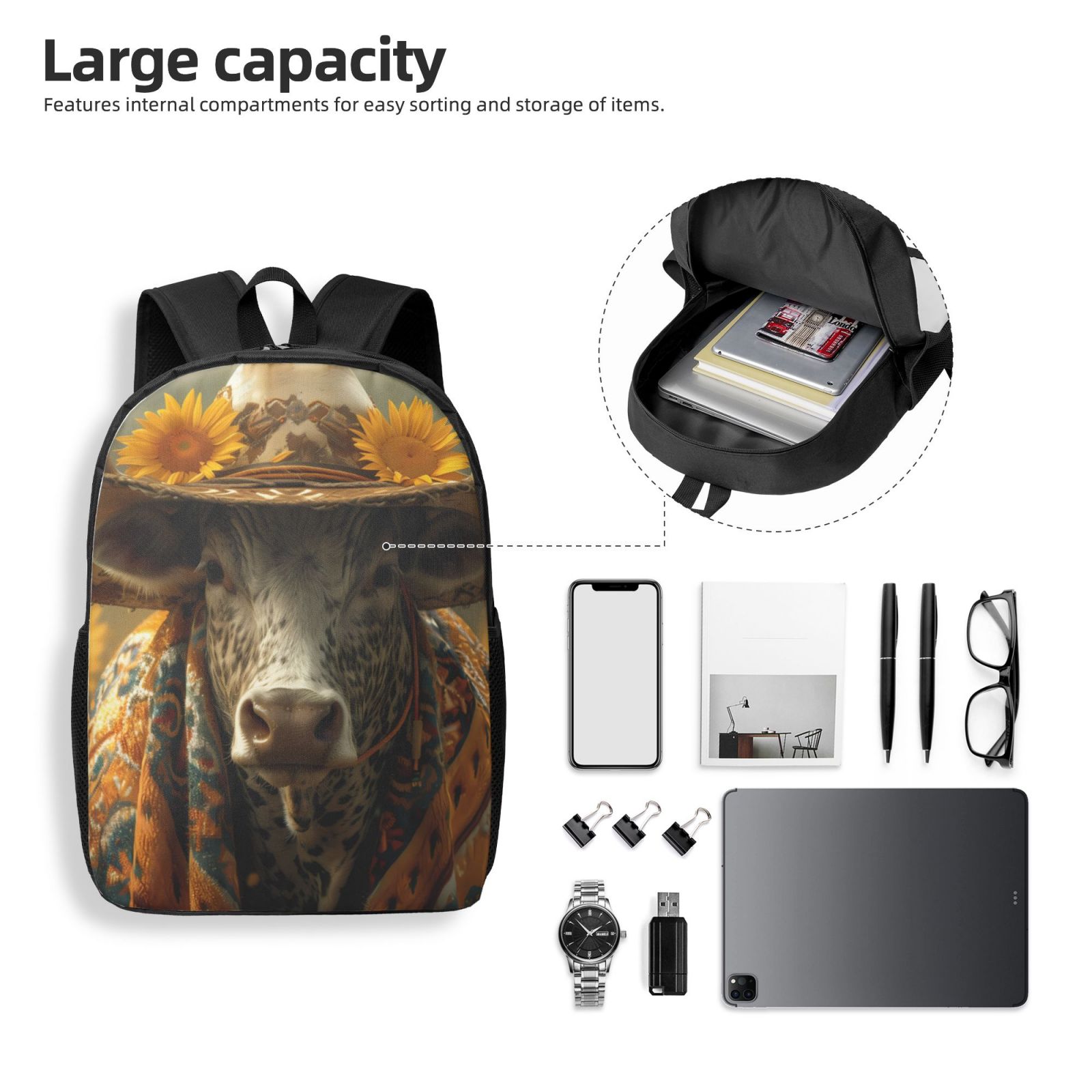 Xecao Sunflower Cowboy Hat Cow print Travel Backpack, Large Computer Backpack for Men Women, College School Rucksack Book Bag