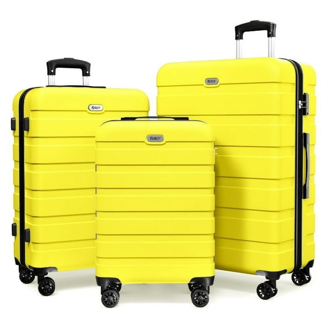 Ensemble de Bagages 3 Pcs, Valises Rigides Légères en PC ABS avec Serrure TSA, Bagage de Cabine à Roulettes, Jaune