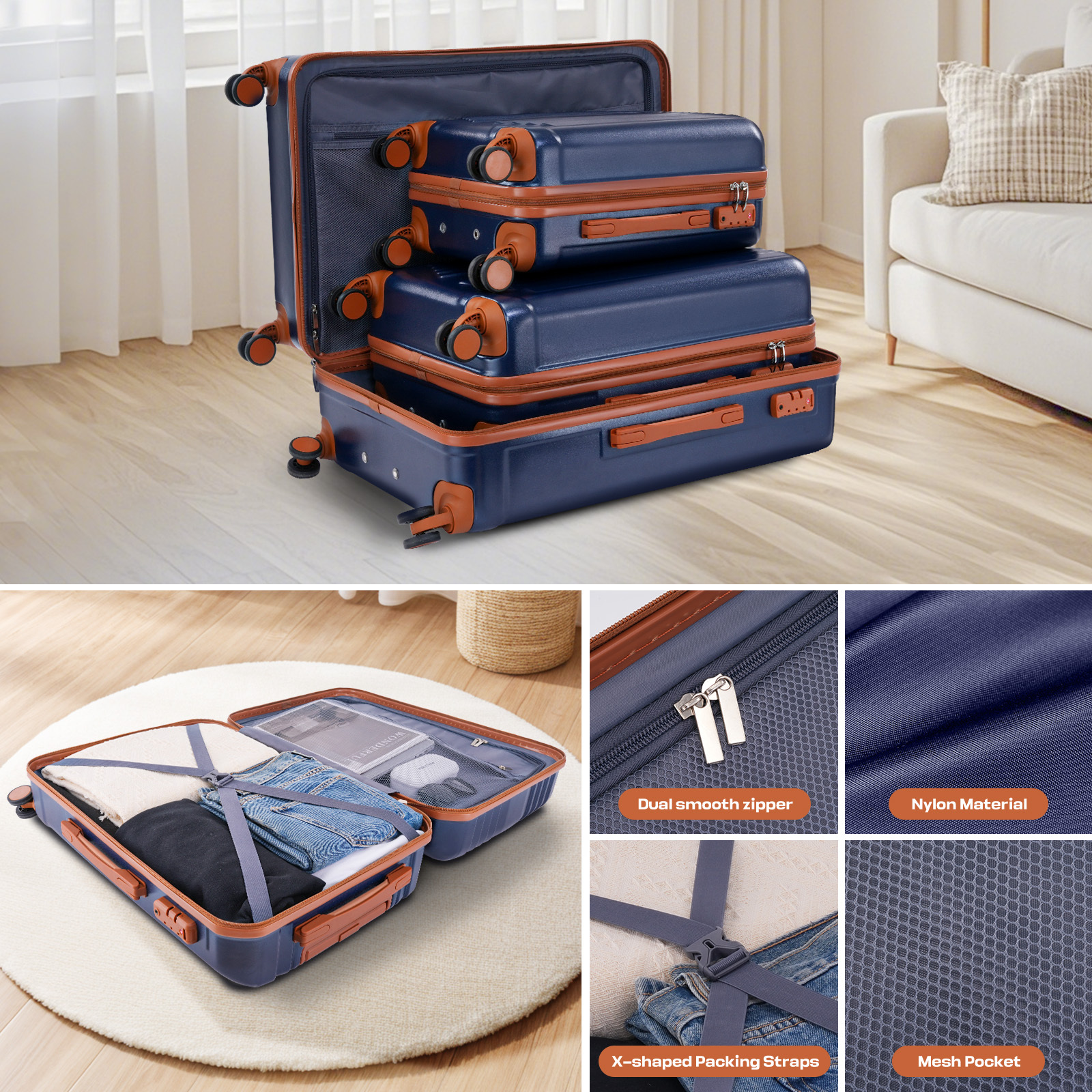 COBIZI Luggage Sets 3 Piece, ABS+PC Hard Shell Suitcases with Wheels, TSA Aproved Lock and Convient Side Hook, Travel Suit Case Set for Men and Women, Dark Blue