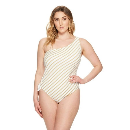 Ralph Lauren Women Plus Size Lurex One Shoulder Swimsuit Gold/White