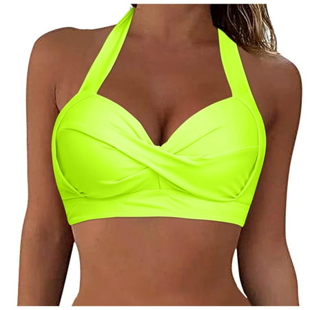 Hessimy Women Halter Bikini Top Push Up Swimsuit Top Retro Swim Top Twist Front Bathing Suit Top Only(Yellow XL)