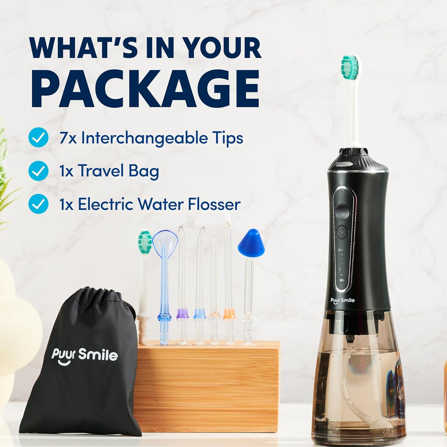 PuurSmile Professional Cordless Water Flosser Black - Dental Care Waterproof, 7 Replacement Tips