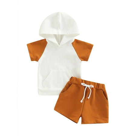 

Amuver Baby Boys 2PCS Pants Set Short Sleeve Color Block Hooded Tees + White Drawstring Short Pants Toddler Boys Summer Casual Outfit