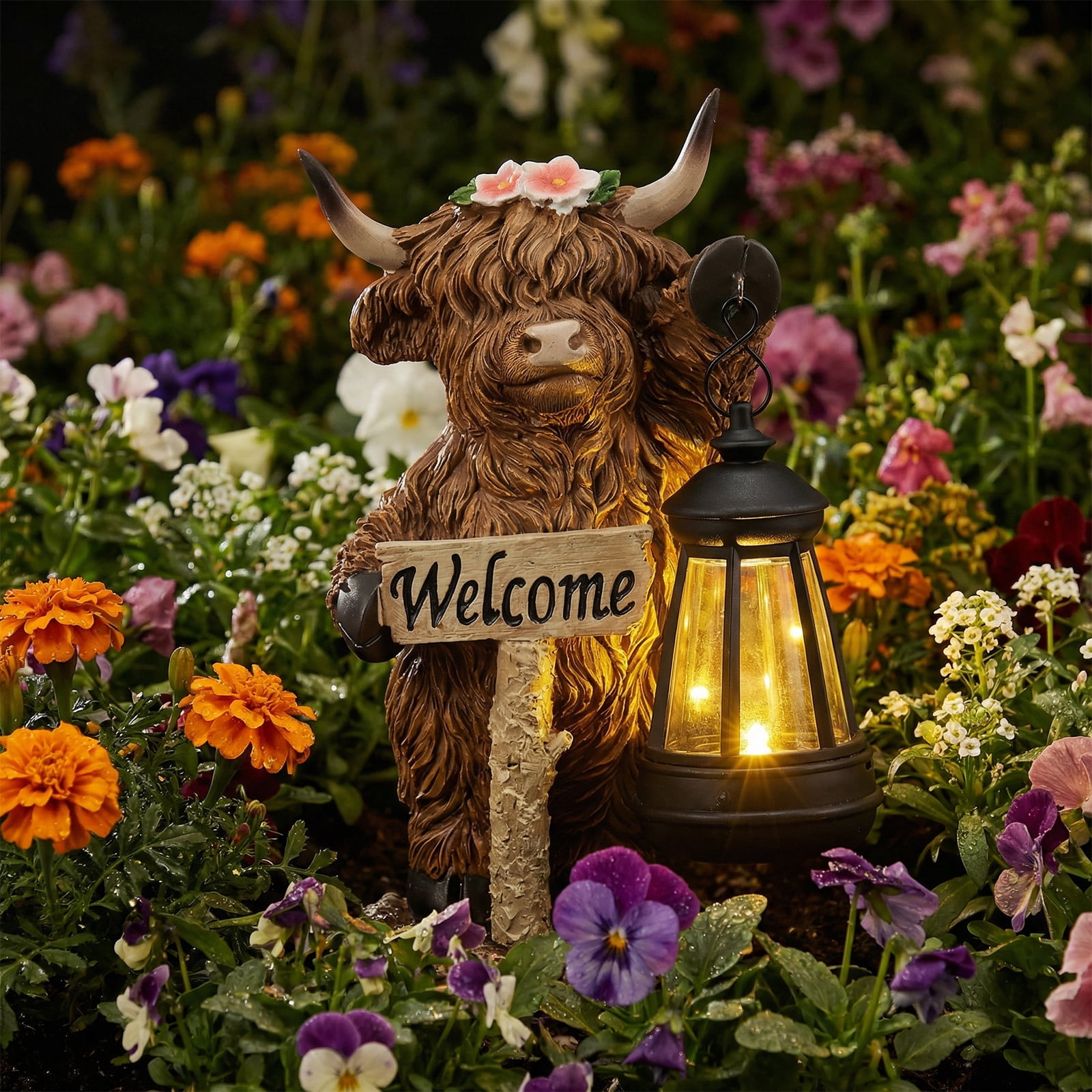 Threns Solar Highland Cow Garden Outdoor Statue,Highland Cow Figurines Sculpture with Light,Patio Balcony Yard for Pasture,Farm Theme Housewarming Gifts for Women Mom