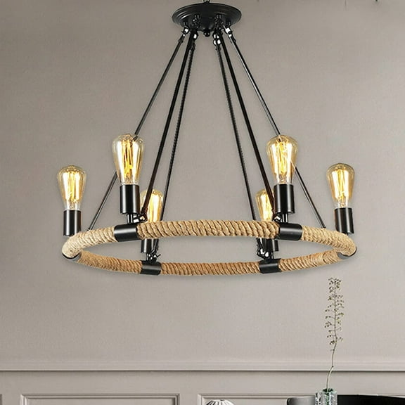 Miumaeov Hemp Rope Chandelier Retro Kitchen Island Pendant Light Fixture Farmhouse Hanging Light for Living Room Bar Bedroom (6 Heads)