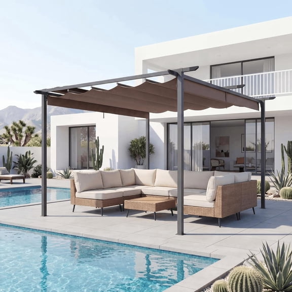 LAUSAINT HOME 10' x 13' Outdoor Retractable Pergola, Heavy-Duty Pergola with Sun Shade Canopy for Garden, Backyard, Deck, Porch, Brown