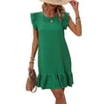 thumbnail image 2 of Summer Dresses for Women Round Neck Cap Sleeve Ruffle Hem Casual Smock Mini Dress Green XXL, 2 of 7