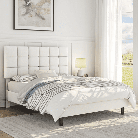 Yaheetech Modern Platform Bed with Square Tufted Headboard and Height Adjustable, Full, Beige