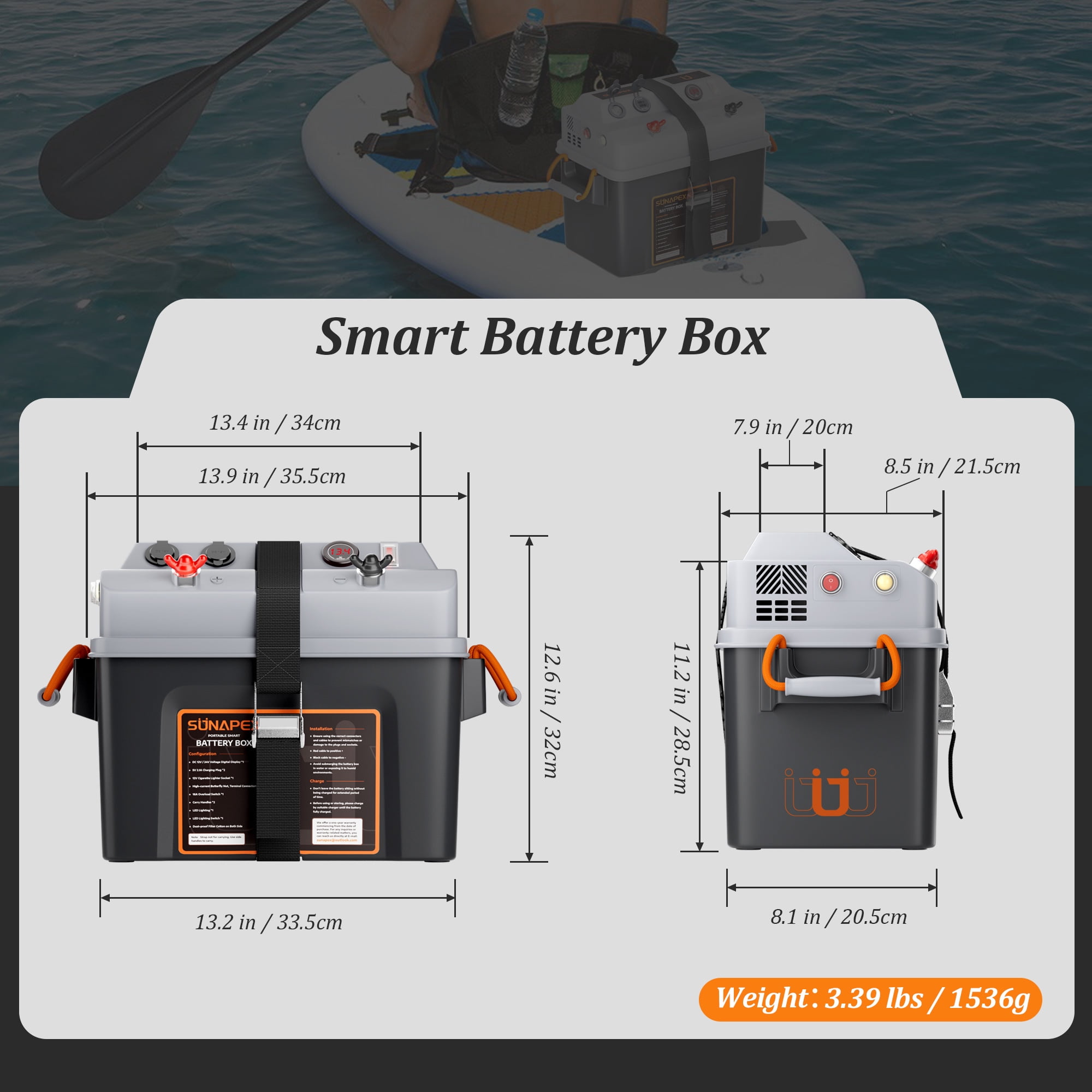 SUNAPEX Smart Battery Box 12V/24V Power Center - Multi Ports & Circuit Breaker for Trolling Motor, Marine,RV & Solar Panel (Pro,Battery Not Included)
