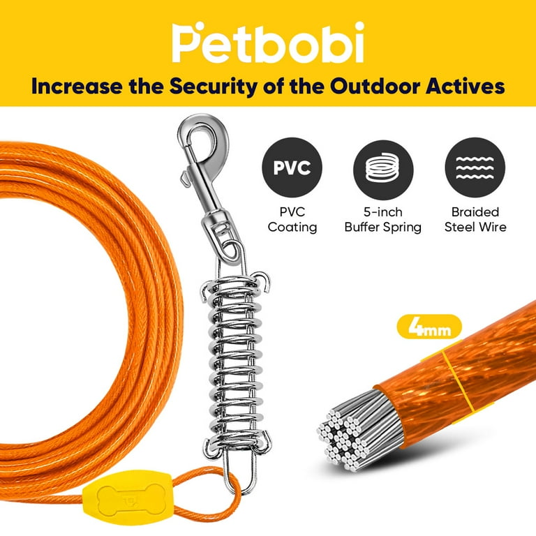 Petbobi Dog Tie Out Cable and Stake, 30ft Dog Runner for Yard Chew Proof Wire Rope for Large Dogs up to 120LBS, Orange