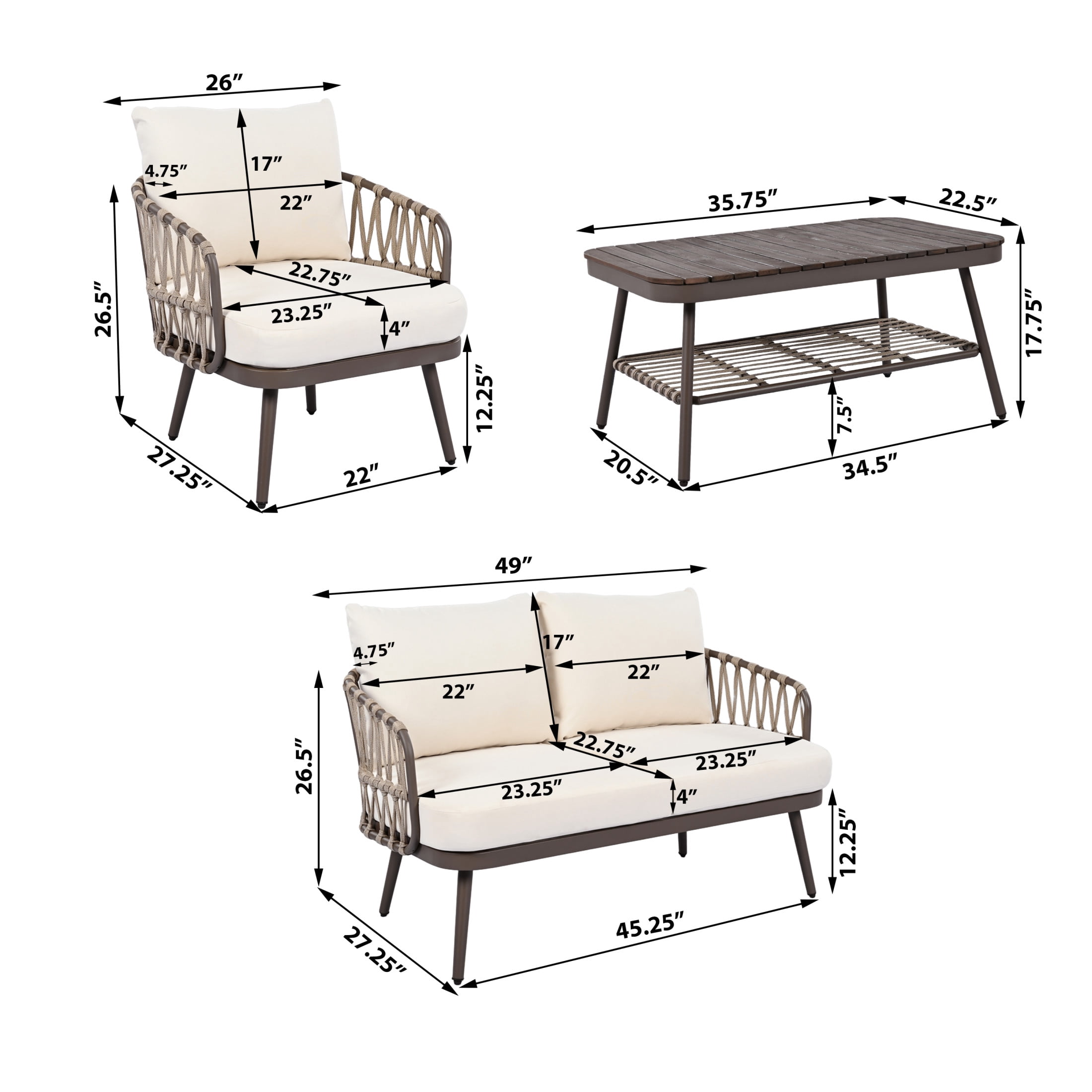 Piper Modern 4 Piece Outdoor Patio Conversation Set, Woven Rope Sofa Set with Cushions, and Coffee Table, Brown+Beige