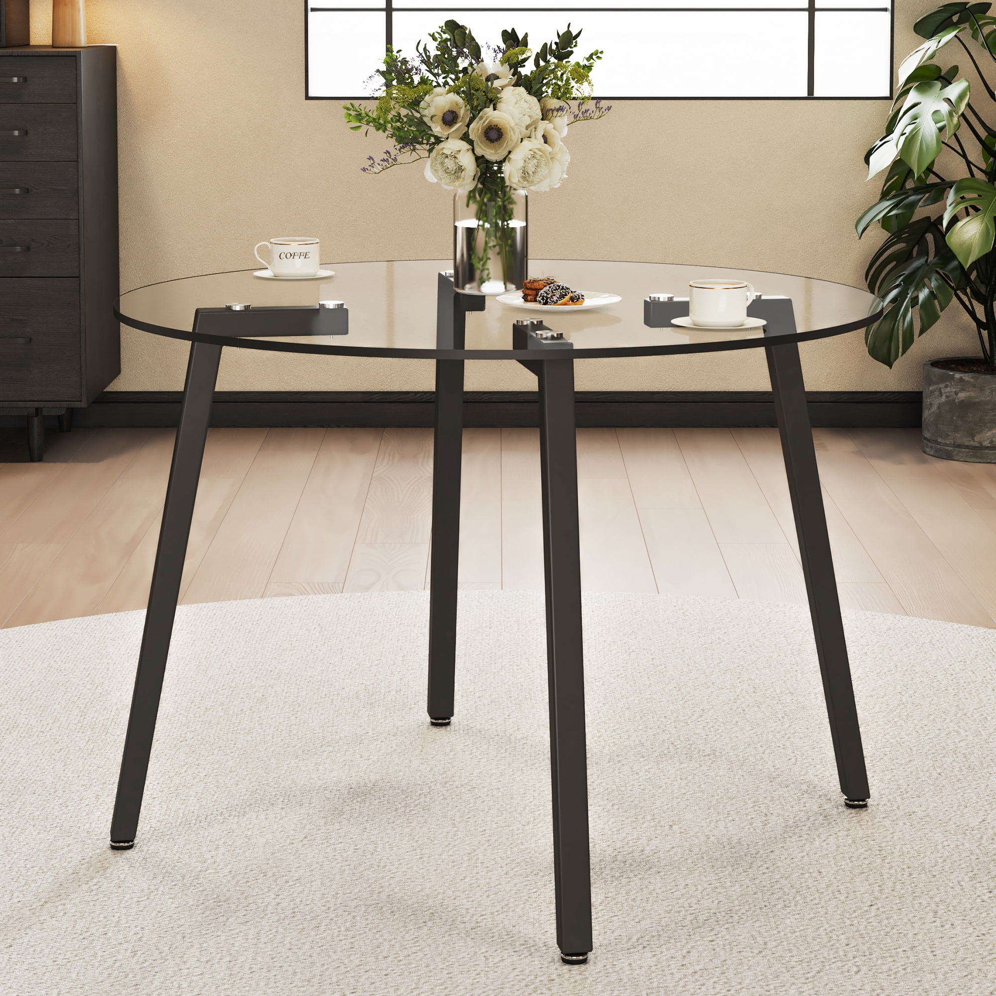 Glass Dining Table 42 Inch Round, Tempered Glass Tabletop with Black Metal Legs, Modern Round Coffee Table for Kitchen, Dining Room and Living Room, Clear Tempered Glass Table, Easy Assembly