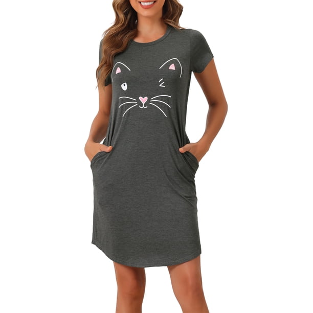 INSPIRAR CHIC Camisones de Mujer Camisetas de Noche con Impresión de Gatos Vestido de Sueño de Manga Corta Gris