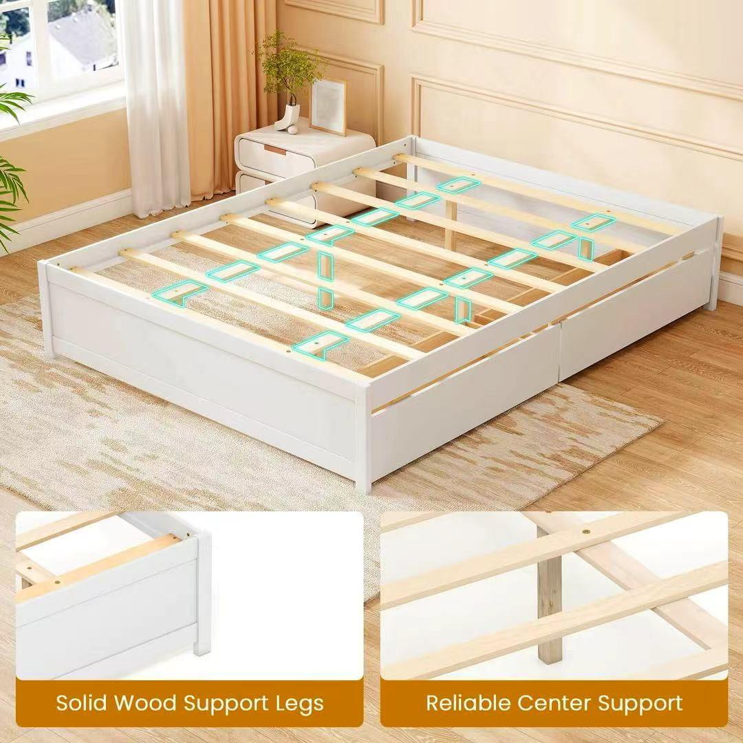 Auranook Queen Size Wooden Bed Frame w/2 Rolling Storage Drawers Wood Slat Support