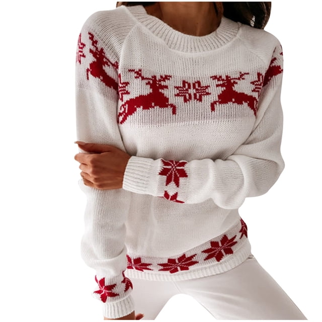IROINID Chandail-Over en Tricot à Col Rond pour Femmes Imprimé Décontracté Mi-Long Manches Longues Chandail de Noël