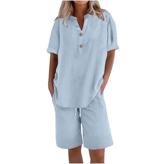 Enjoytime Lounge Sets for Women Short Sleeve Button Down Blouse and Matching Shorts Plus Size Summer Outfits with Pockets