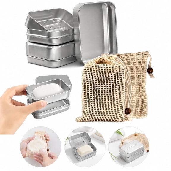 2PCS Aluminum Travel Soap Case with Sealed Lid & 2 Cotton Soap Bags, Detachable Self Draining Bar Soap Travel Case, Moisture Resistant Portable Soap Holder Travel Container for Home & Travel Accessor