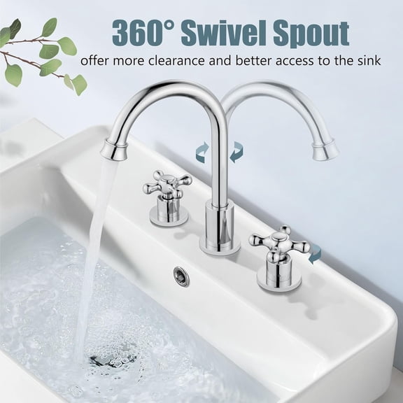 8 Inch 3 Holes Widespread Bathroom Sink Faucet Double Cross Handle SUS304 360 Degree Swivel Spout with Pop Up Drain Deck Mount Lavatory Mixer Tap Polish Chrome