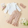 thumbnail image 2 of Odeerbi 3M-3Y Conjunto de Canastilla Para Niña Traje de Punto de Canalé Pantalones Acampanados de Flores Con Cinta Para La Cabeza Tops Con Volantes Cintura Elástica Pantalones de Campana, 2 of 9