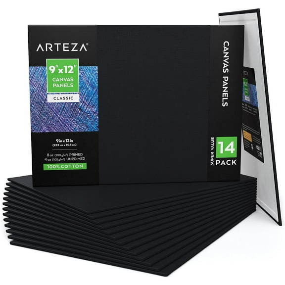 Arteza Canvas Panels, Classic, Black, 9"x12", Blank Canvas Boards for Painting- 14 Pack