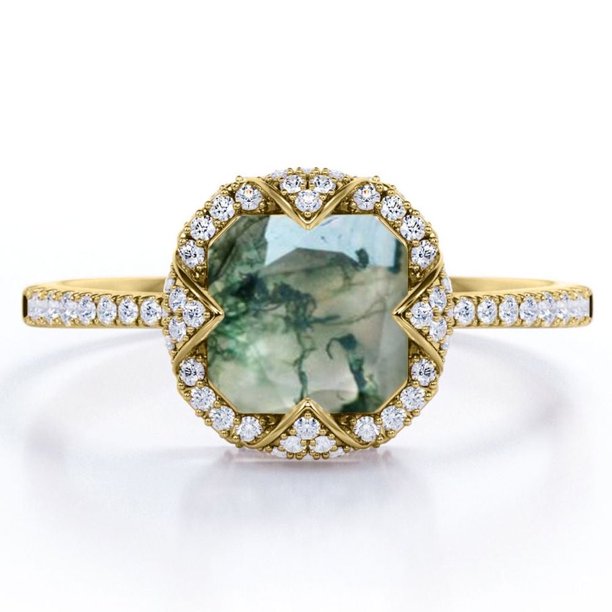 JeenMata Anillo de Compromiso con Bisel de Halo Ágata Verde Musgo Lechoso Opaco de Talla Cojín de 1,5 Quilates y Moissanita: Pavé - Baño de Oro Amarillo de 18 K sobre Plata